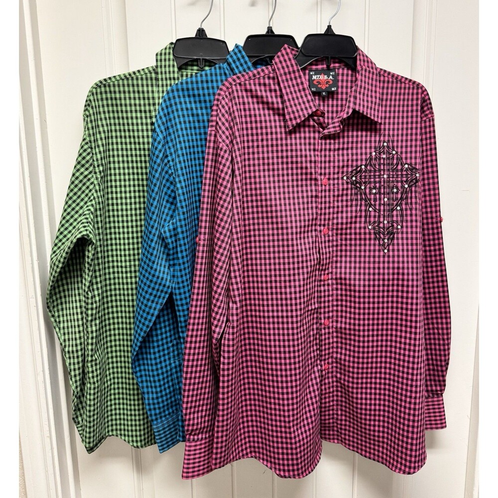 MZ USA Mens XL Lot of 3 Gingham ButtonUp Shirts Embroidered Cross Y2K Rhinestone
